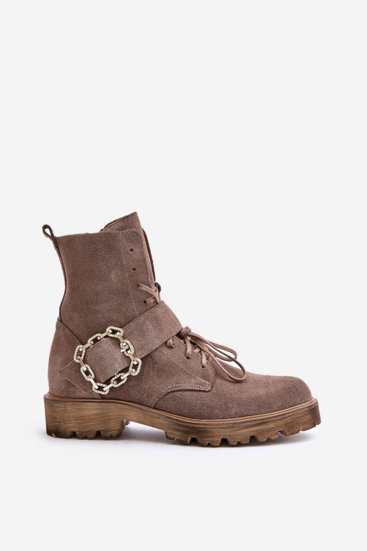 Zazoo 2951 Suede Ankle Boots With Decorative Buckle Dark Beige