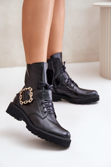 Lacquered Ankle Boots With Decorative Buckle Black Zazoo 2