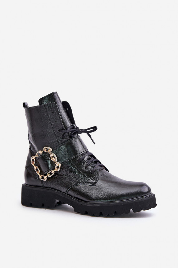 Lacquered Ankle Boots With Decorative Buckle Black Zazoo