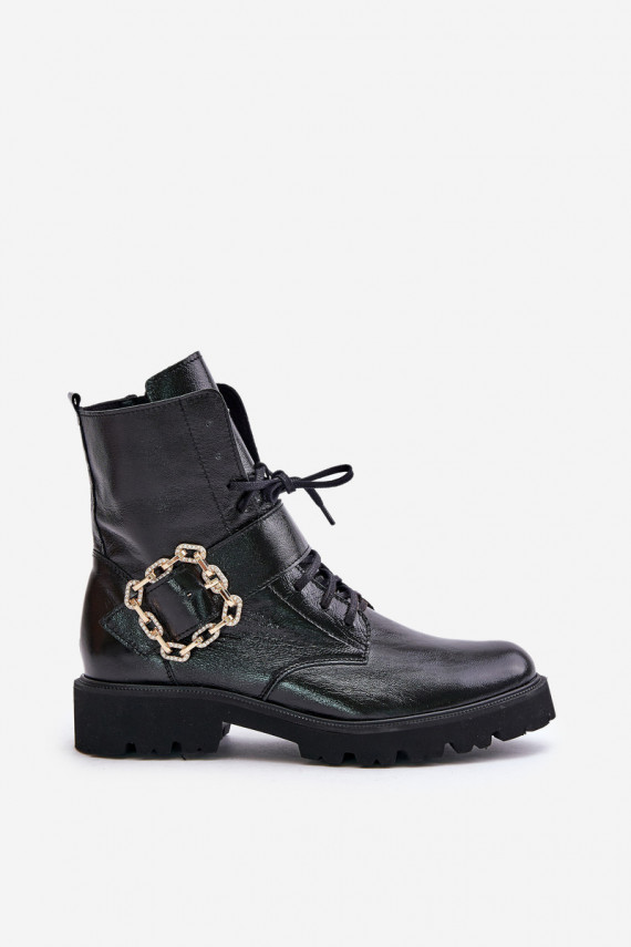 Lacquered Ankle Boots With Decorative Buckle Black Zazoo