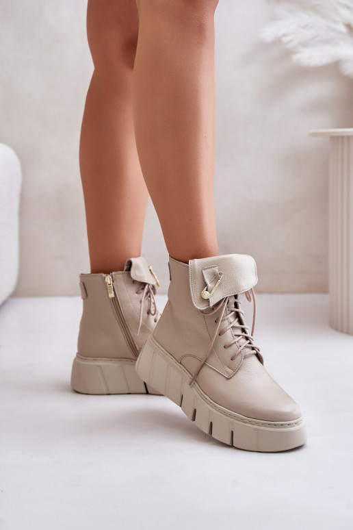 Zazoo 60511 Leather Ankle Boots For Women On Platform Insulated Beige