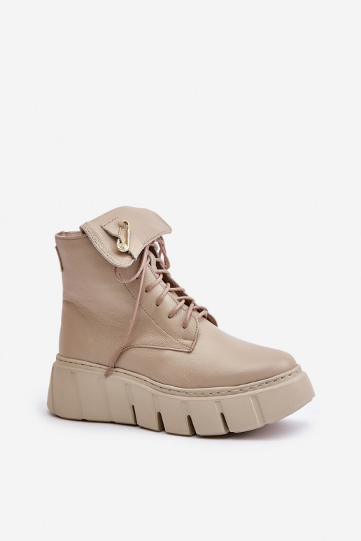 Zazoo 60511 Leather Ankle Boots For Women On Platform Insulated Beige