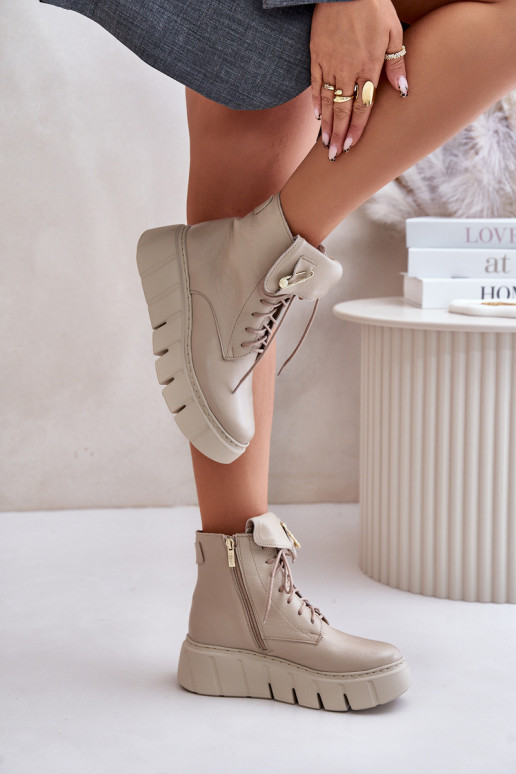 Zazoo 60511 Leather Ankle Boots For Women On Platform Insulated Beige