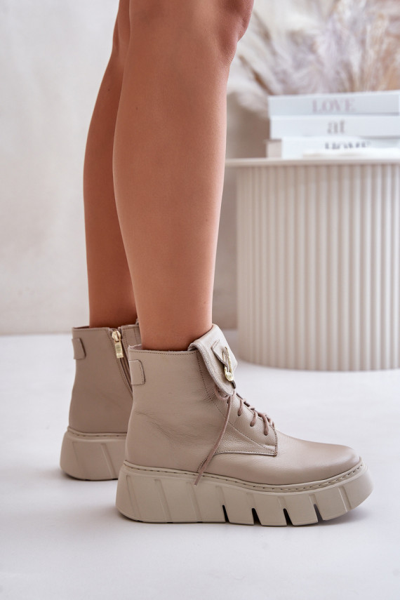 Zazoo 60511 Leather Ankle Boots For Women On Platform Insulated Beige
