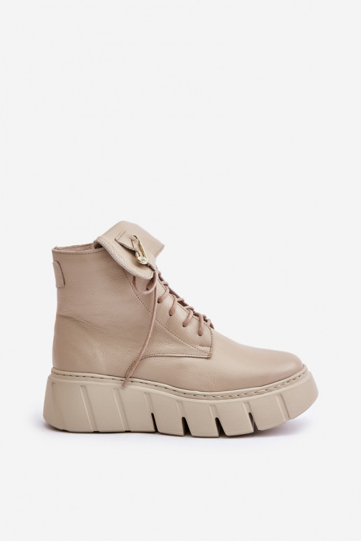 Zazoo 60511 Leather Ankle Boots For Women On Platform Insulated Beige