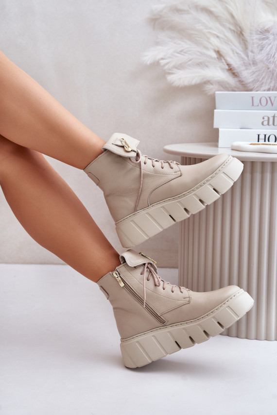 Zazoo 60511 Leather Ankle Boots For Women On Platform Insulated Beige