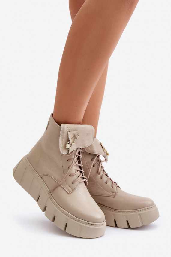Zazoo 60511 Leather Ankle Boots For Women On Platform Insulated Beige