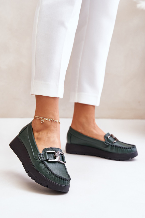 Leather Moccasins On Platform With Decoration Dark Green Zazoo 10141