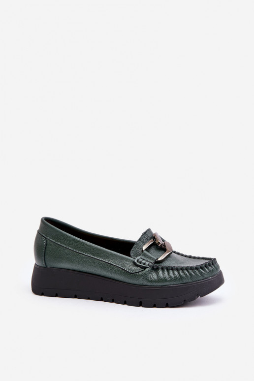 Leather Moccasins On Platform With Decoration Dark Green Zazoo 10141
