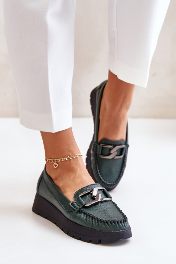 Leather Moccasins On Platform With Decoration Dark Green Zazoo 10141