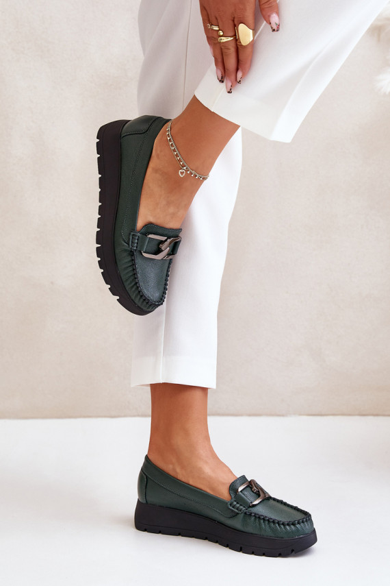 Leather Moccasins On Platform With Decoration Dark Green Zazoo 10141