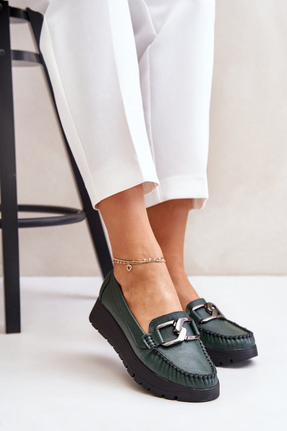 Leather Moccasins On Platform With Decoration Dark Green Zazoo 10141