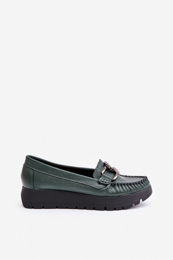 Leather Moccasins On Platform With Decoration Dark Green Zazoo 10141