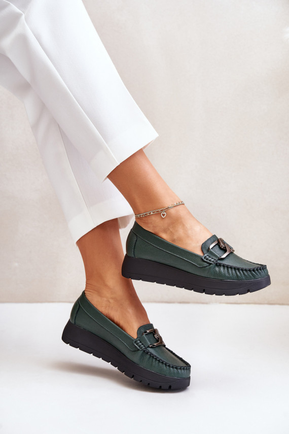 Leather Moccasins On Platform With Decoration Dark Green Zazoo 10141