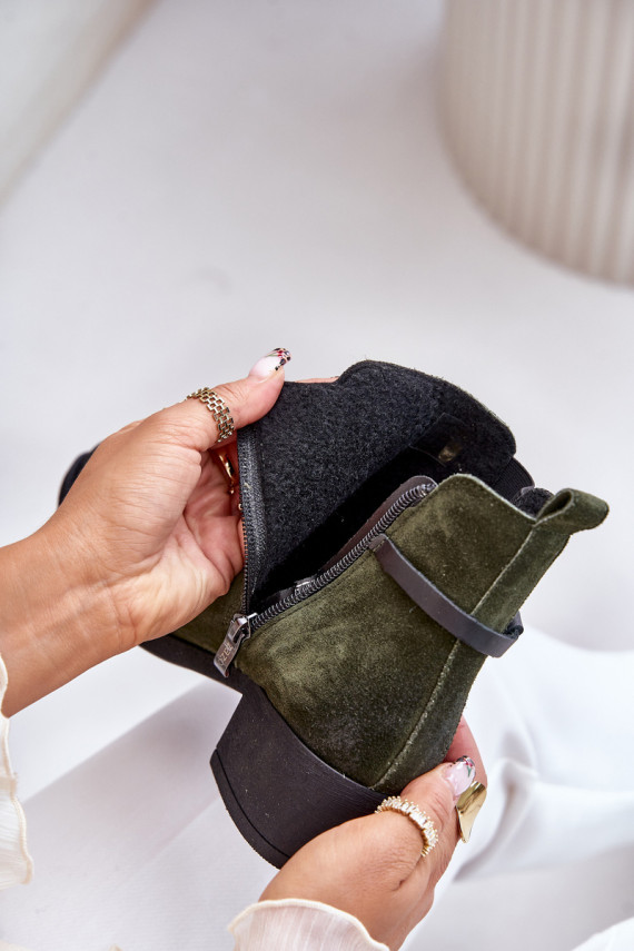 Insulated suede ankle boots with a zipper dark green Zazoo 60478
