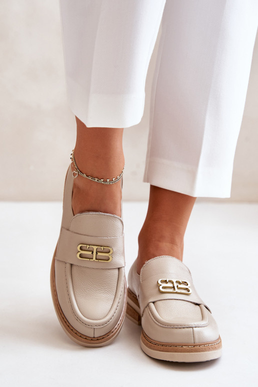 Zazoo 20174 Leather Elegant Flat Shoes For Women Beige