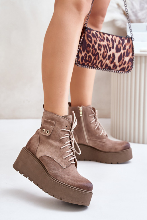 Suede Women's Platform And Wedge Ankle Boots Insulated Beige Zazoo 60499