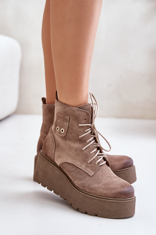 Suede Women's Platform And Wedge Ankle Boots Insulated Beige Zazoo 60499