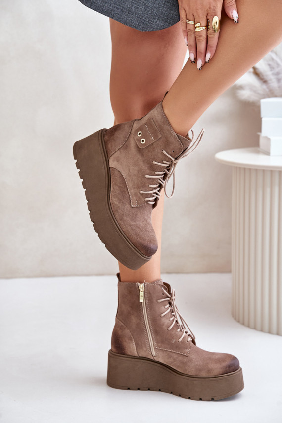 Suede Women's Platform And Wedge Ankle Boots Insulated Beige Zazoo 60499