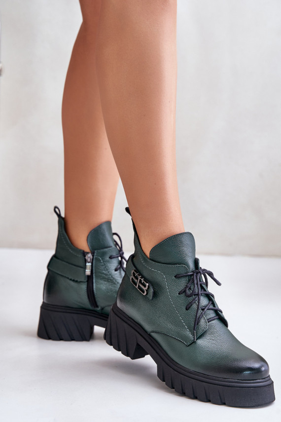 Zazoo 60483 Women's Leather Ankle Boots With Low Shaft Insulated Dark Green