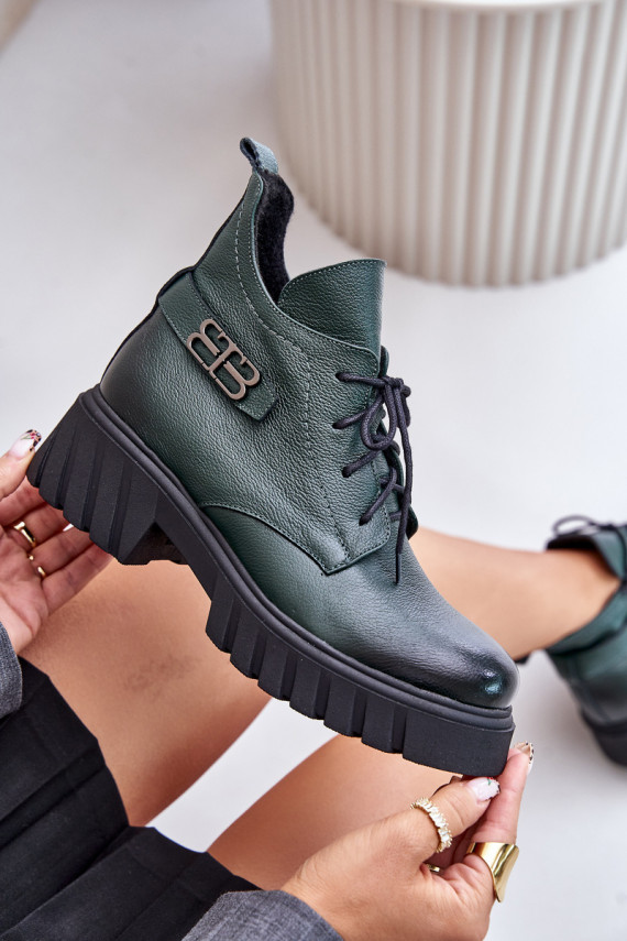 Zazoo 60483 Women's Leather Ankle Boots With Low Shaft Insulated Dark Green