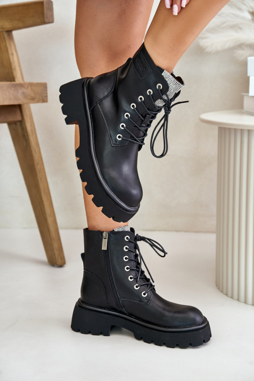 Warm Leather Ankle Boots Workers For Women With Zirconia GOE OO2N4125 Black