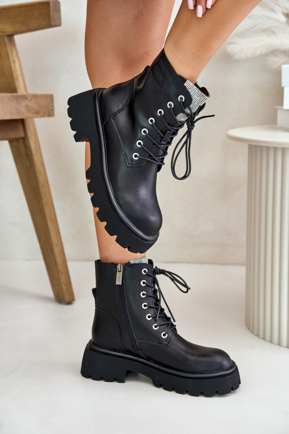 Warm Leather Ankle Boots Workers For Women With Zirconia GOE OO2N4125 Black