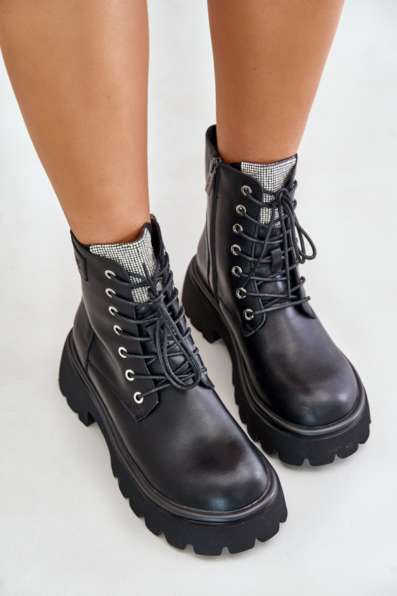 Warm Leather Ankle Boots Workers For Women With Zirconia GOE OO2N4125 Black