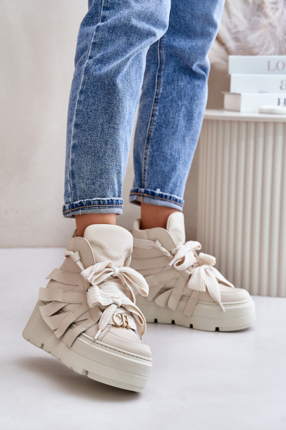 Leather Women's Sneakers On Massive Platform Beige CheBello 4561