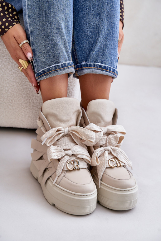 Leather Women's Sneakers On Massive Platform Beige CheBello 4561