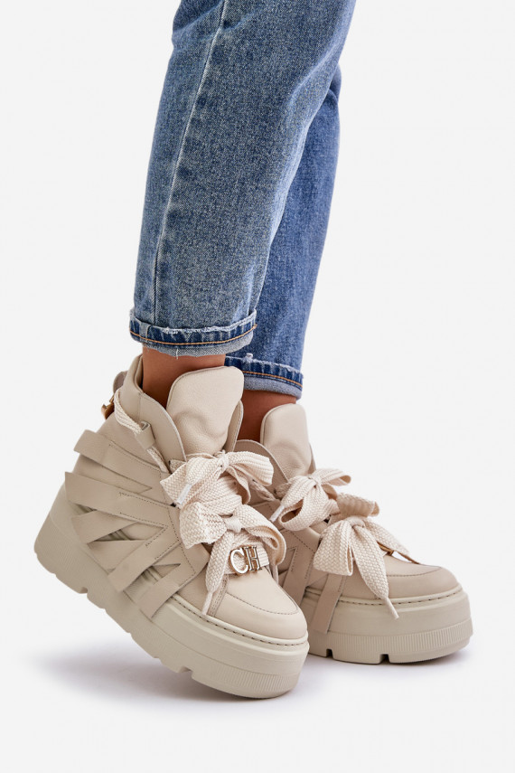 Leather Women's Sneakers On Massive Platform Beige CheBello 4561