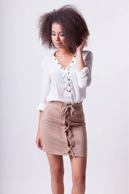 Lace up faux suede skirt in beige
