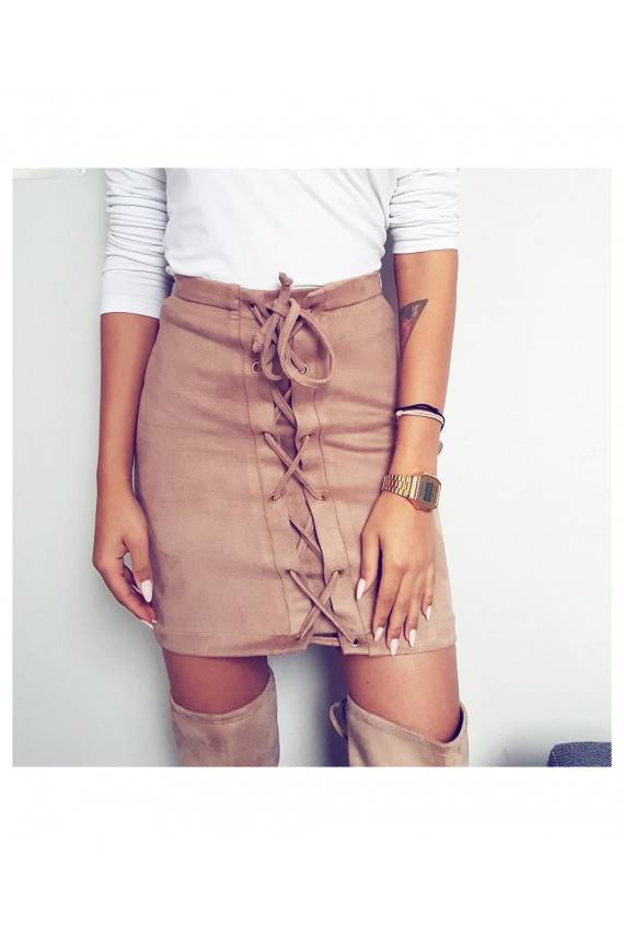 Lace up faux suede skirt in beige