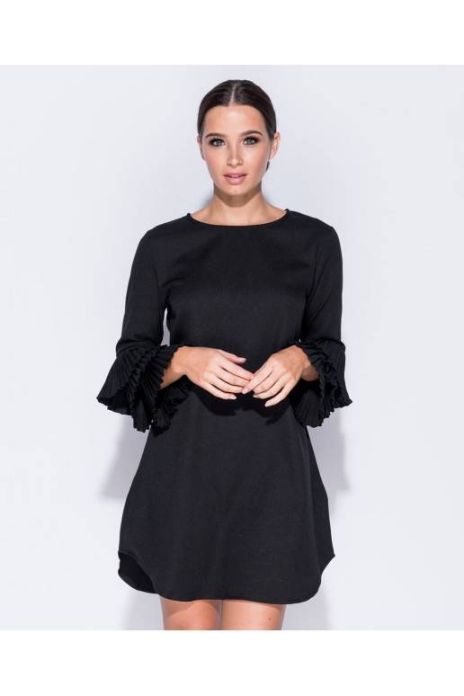 Riffle Sleeved Black Mini Dress