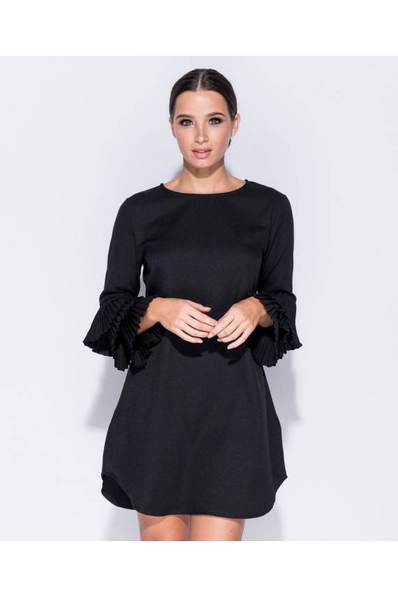 Riffle Sleeved Black Mini Dress