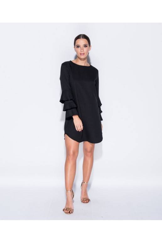 Riffle Sleeved Black Mini Dress
