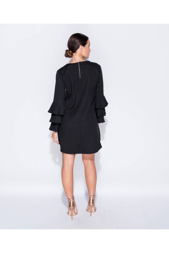 Riffle Sleeved Black Mini Dress