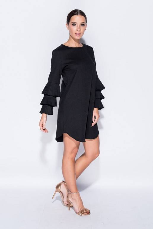 Riffle Sleeved Black Mini Dress