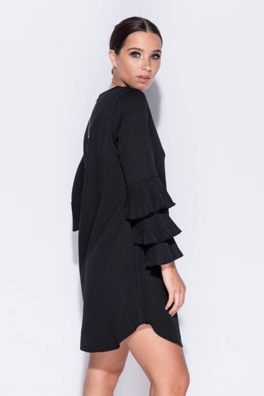 Riffle Sleeved Black Mini Dress