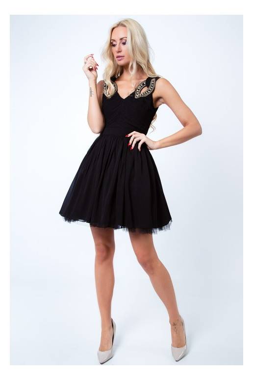 Party dress with opewnwork sleeves and neckline Party dress with opewnwork sleeves and neckline