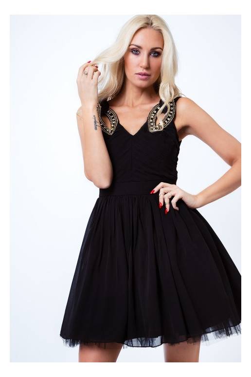 Party dress with opewnwork sleeves and neckline Party dress with opewnwork sleeves and neckline