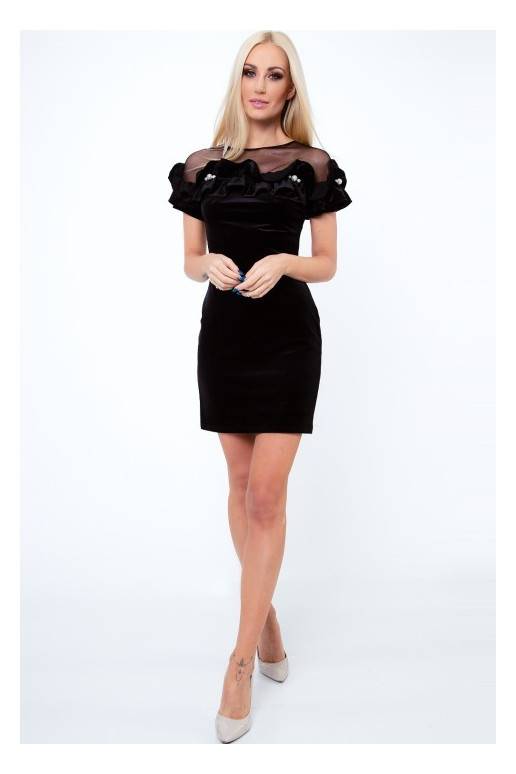 Party dress with opewnwork sleeves and neckline