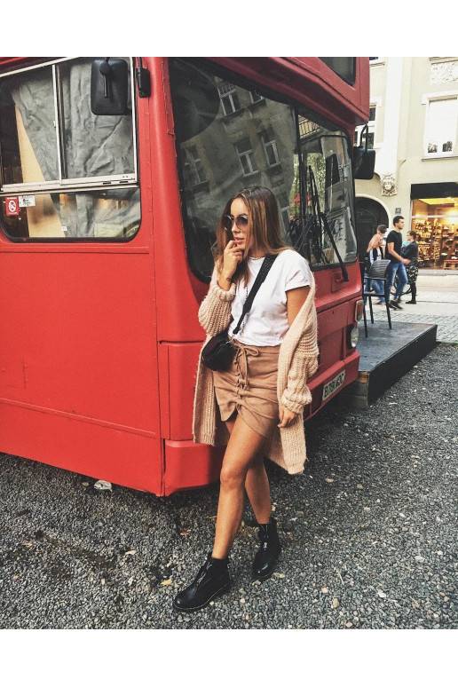 Lace up faux suede skirt in beige
