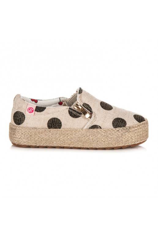 Children's trendy cream textile shoes with decorative zipper and black dots K1645004NE