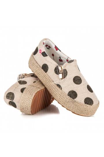 Children's trendy cream textile shoes with decorative zipper and black dots K1645004NE 2