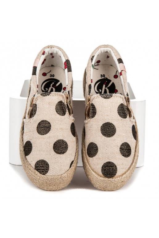 Children's trendy cream textile shoes with decorative zipper and black dots K1645004NE
