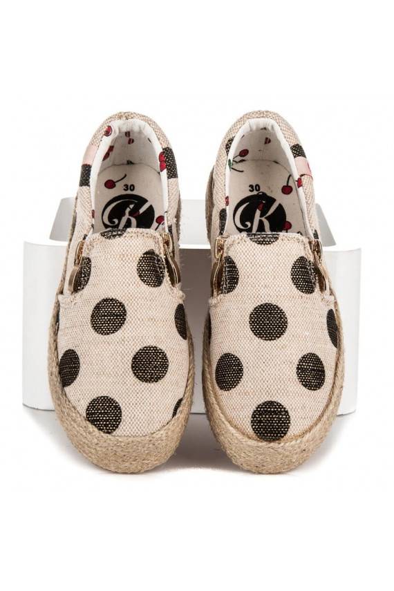 Children's trendy cream textile shoes with decorative zipper and black dots K1645004NE