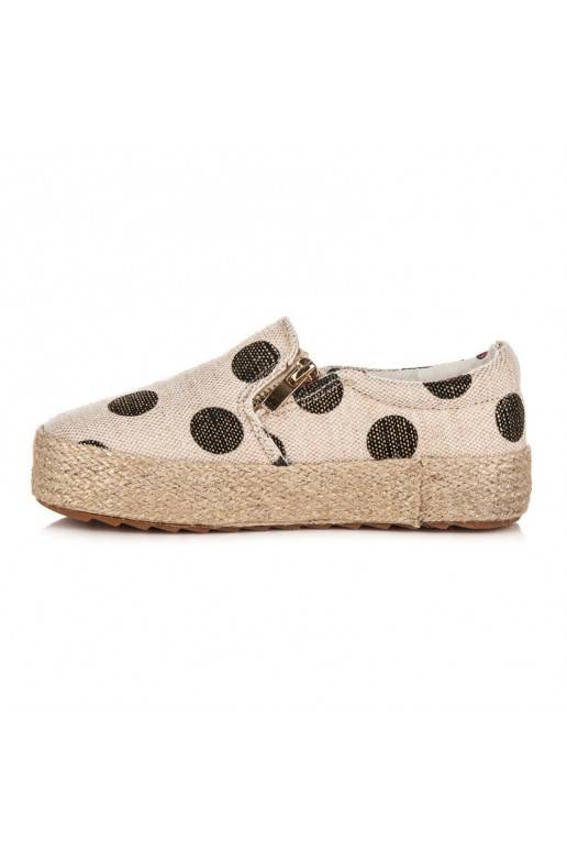 Children's trendy cream textile shoes with decorative zipper and black dots K1645004NE