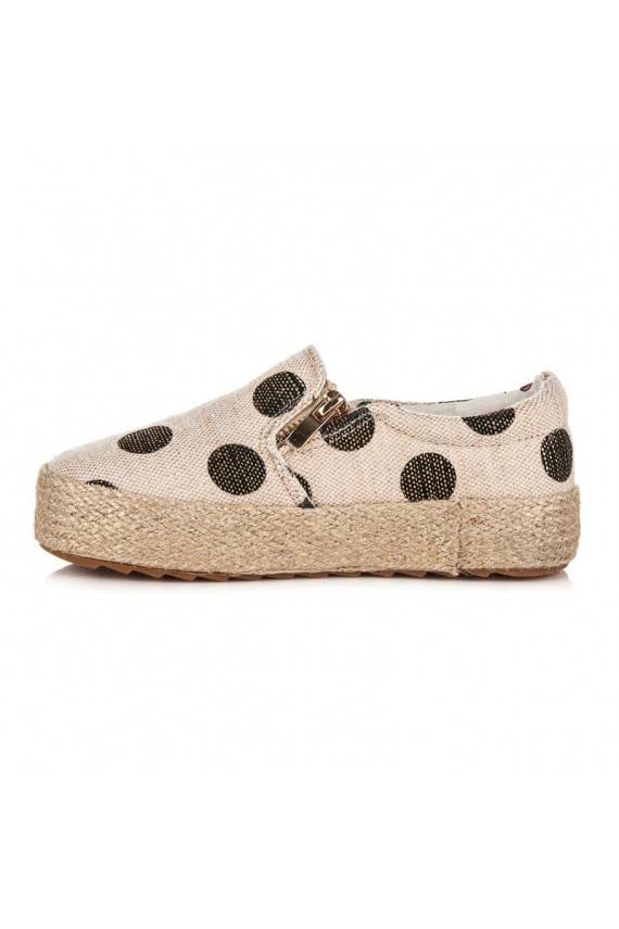 Children's trendy cream textile shoes with decorative zipper and black dots K1645004NE