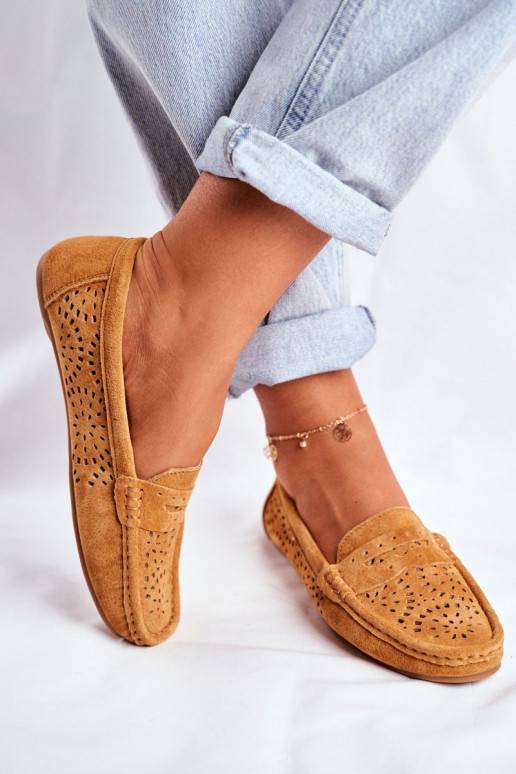 Women's Loafers With Perforated Leather Camel Salem